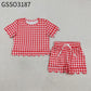 Baby Girls Kids Short Sleeves Plaid Shirt Scallop Shorts Red Clothes Set RTS