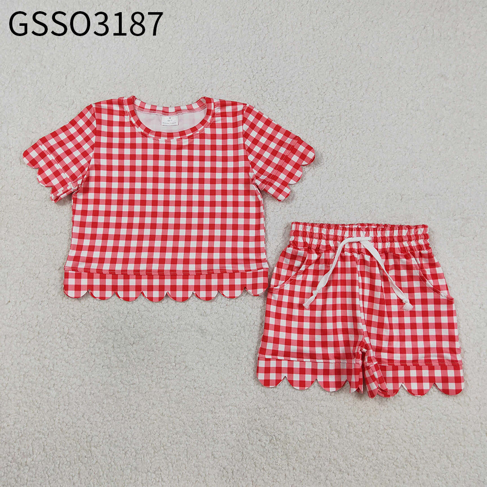 Baby Girls Kids Short Sleeves Plaid Shirt Scallop Shorts Red Clothes Set RTS