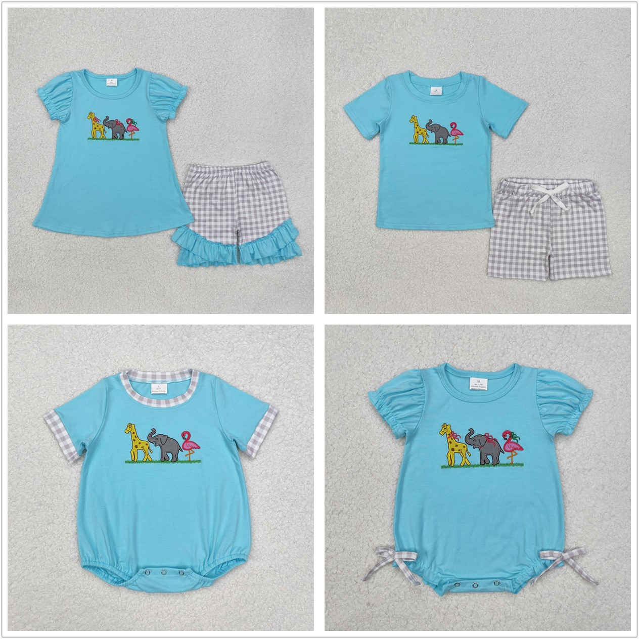 Baby Boy Girl Kids Short Sleeves Embroidery Animals Sibling Summer Blue Romper Clothes Set RTS