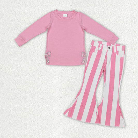 Baby Girl Long Sleeves Embroidery Bows Shirt Pink Stripes Jeans Denim Pants Clothes Set