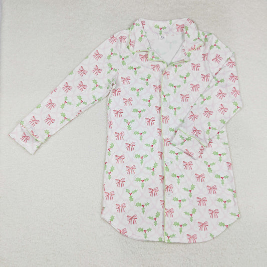 Adult Women Long Sleeves Christmas Bows Holly Tops Sleepwear