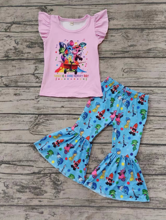 Baby Girl Short Sleeves Cartoon Pink Shirt Bell Pants  Outfit Moq 5