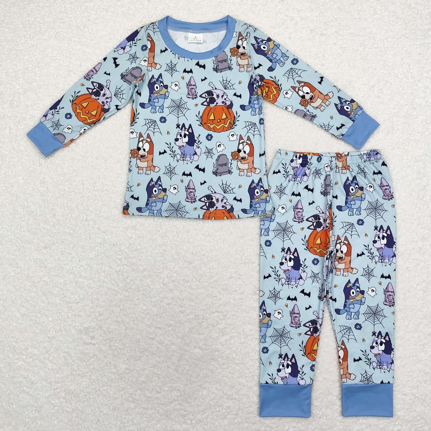 Baby Boy Kids Long Sleeves Halloween Blue Dogs Pumpkin Shirt Pants Pajamas Set