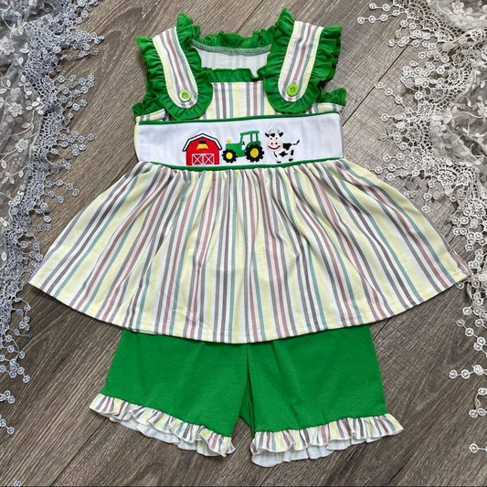 Moq 3 Pre-order Baby Girl Sleeveless Farm Tunic Green Ruffle Shorts Summer Set