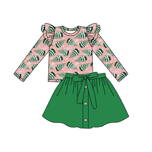 Baby Girl Christmas Tree Tops Green Skirt Set