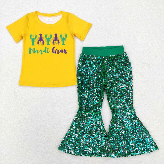 GSPO1357 Mardi Gras Baby Girl Short Sleeves Crawfish Shirt Green Sequins Pants Set