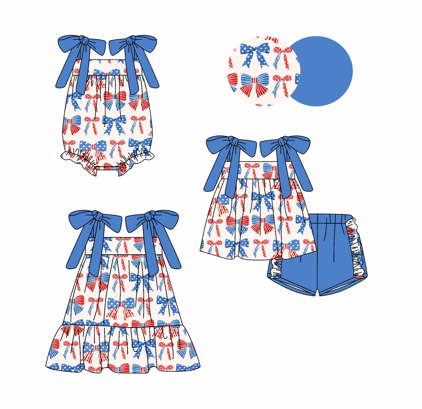 Baby Girl July 4th Bows Straps Sibling Romper Dress Set ( Moq 5 Each Style ) 2.27
