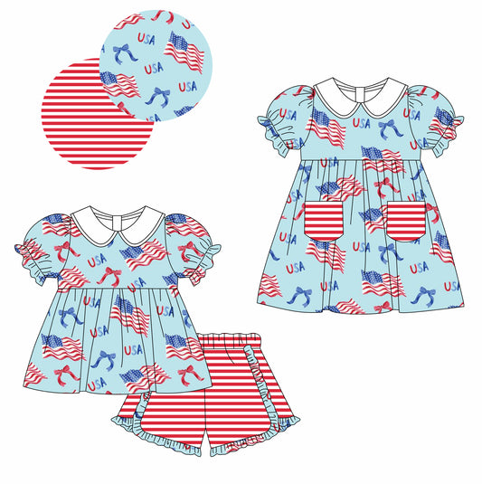 Baby Girl  Short Sleeves July 4th Flag Bows Sibling Dress Clothes Set ( Moq 5 Each Design )11.22