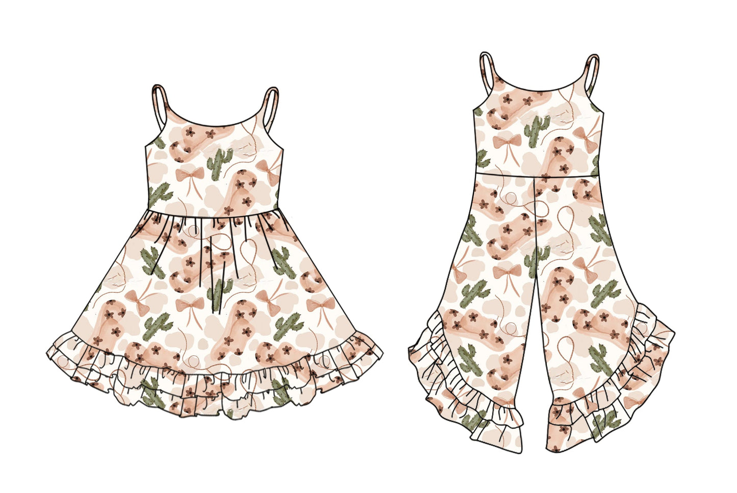 Baby Girl Straps Western Boots Cactus Bows Sibling Dress Jumpsuit ( Moq 5 Each Style ) 2.26