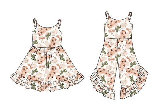 Baby Girl Straps Western Boots Cactus Bows Sibling Dress Jumpsuit ( Moq 5 Each Style ) 2.26