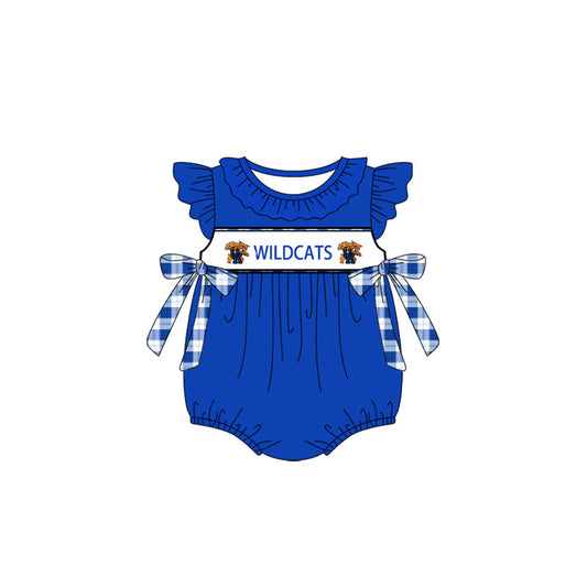 Baby Girl Infant Short Sleeves Tiger Team Checked Bows Blue Bubble Romper (Moq 5 )