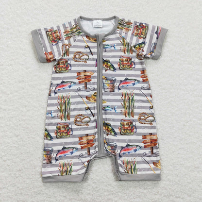 SR0842 Baby Boy Fishing Strips Grey Zipper One Piece Romper