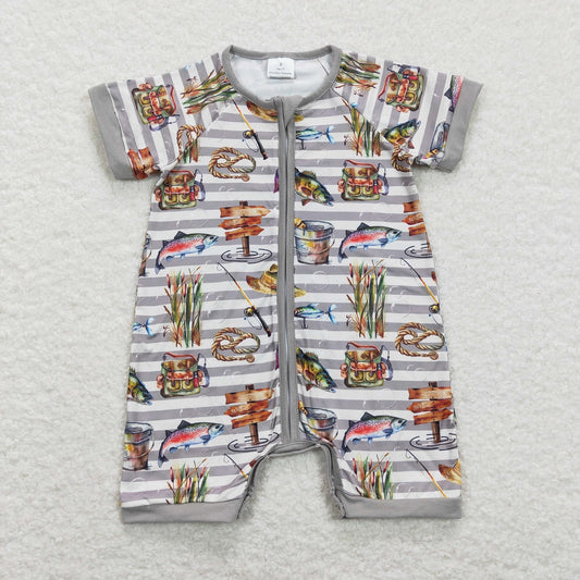 SR0842 Baby Boy Fishing Strips Grey Zipper One Piece Romper