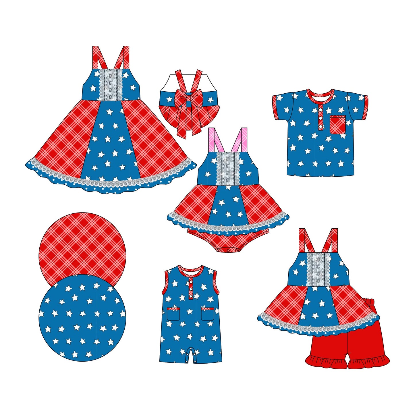 Baby Boy Girl July 4th Stars Checked Sibling Romper Dress Set ( Moq 5 Each Style ) 3.6