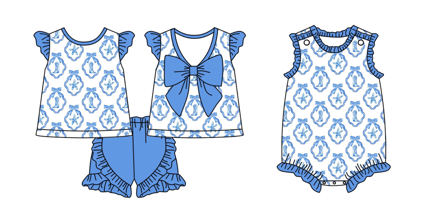 Baby Girl Boots Blue Bows Sibling Romper Set ( Moq 5 Each Style ) 2.10