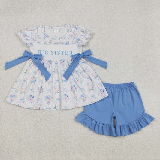 Baby Girl Short Sleeves Flower Big Sister Bows Tunic Ruffle Blue Shorts Clothes Set RTS