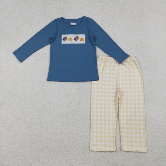 Baby Boy Embroidery turkey Pumpkins Shirt Plaid Pants Thanksgiving Fall Set RTS