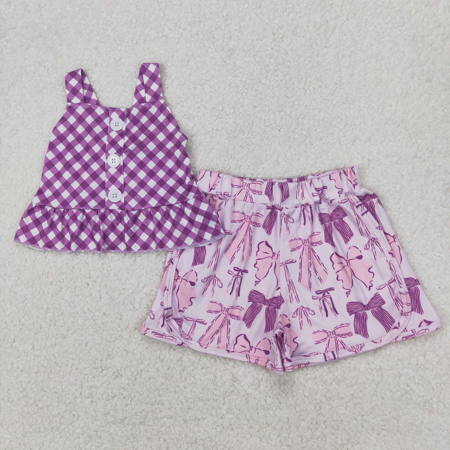 Baby Girl Straps Purple Checkered Tops Bows Shorts Clothes Set RTS
