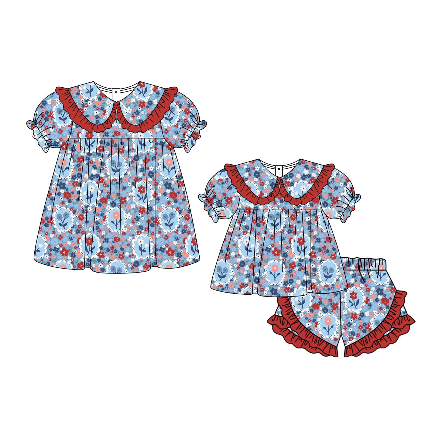 ( Moq 5 Each Style ) Baby Girls Kids Short Sleeves Flower Sibling Summer Dress Set