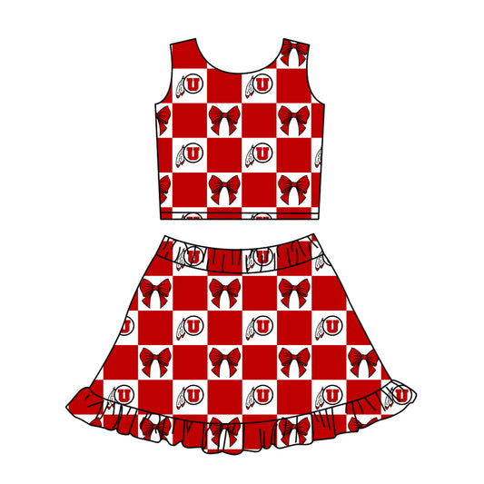 ( Moq 5 ) Baby Girls Kids Sleeveless U Bows Checked Tops Shorts Ruffle Skirt Team Set