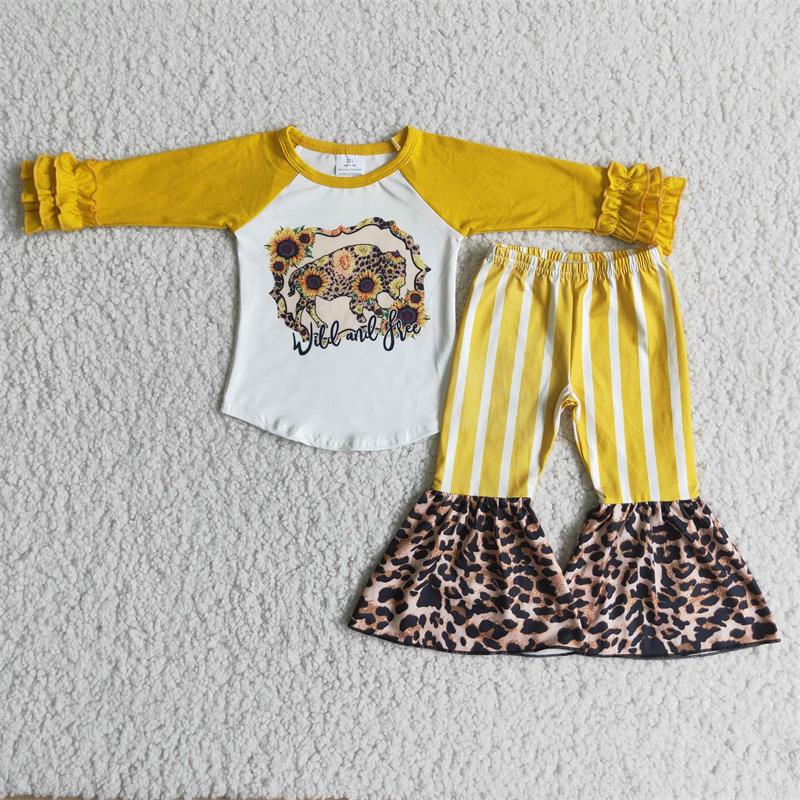 Promotion Baby Girl Western Cow Sunflower Bell Pants Outfit