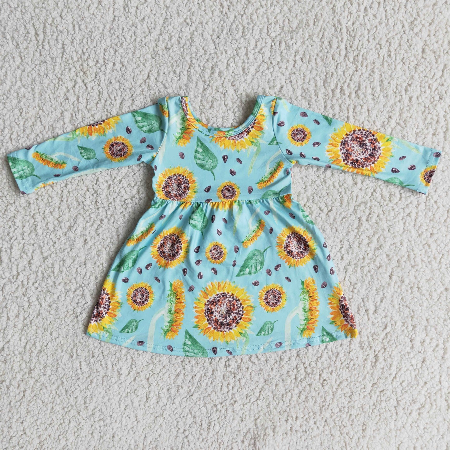 Promotion Baby Girl Long Sleeves Sunflower Green Dress RTS