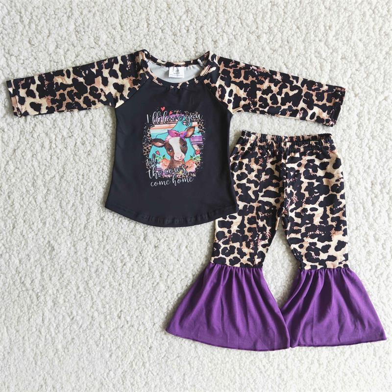 Promotion Baby Girl Long Sleeves Cow Leopard Bell Pants Western Outfit