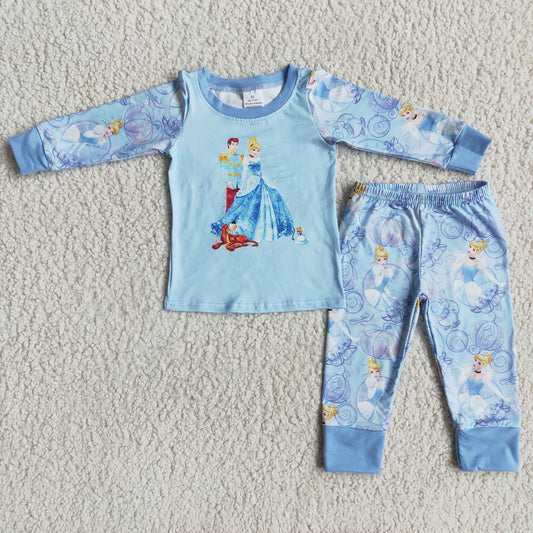 Promotion 6 A1-2 Baby Girl Long Sleeves Princess Shirt Pants Outfit Blue Pajamas