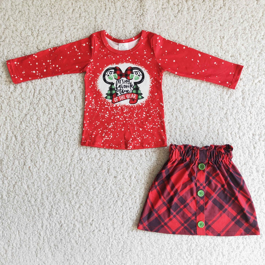 Promotion 6 A1-20 Baby Girl Long Sleeves Mouse Shirt Plaid Skirt Christmas Outfit