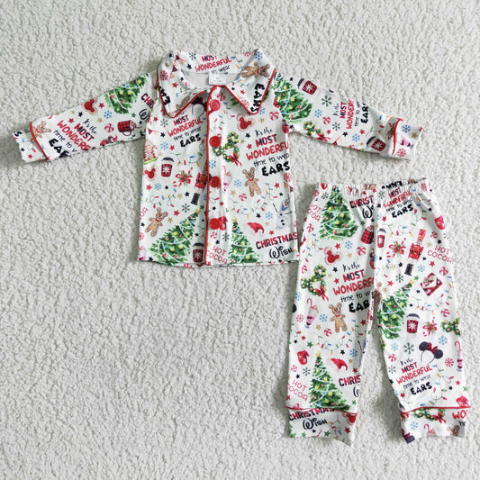 Promotion 6 B1-25 Christmas Baby Boy Long Sleeves Button Up Gingerbread Cartoon Cardigan Pants Outfit Pajamas