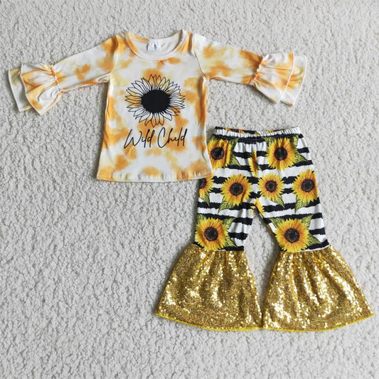 Promotion 6 A10-13 Baby Girl Long Sleeves Sunflower Bell Pants Outfit