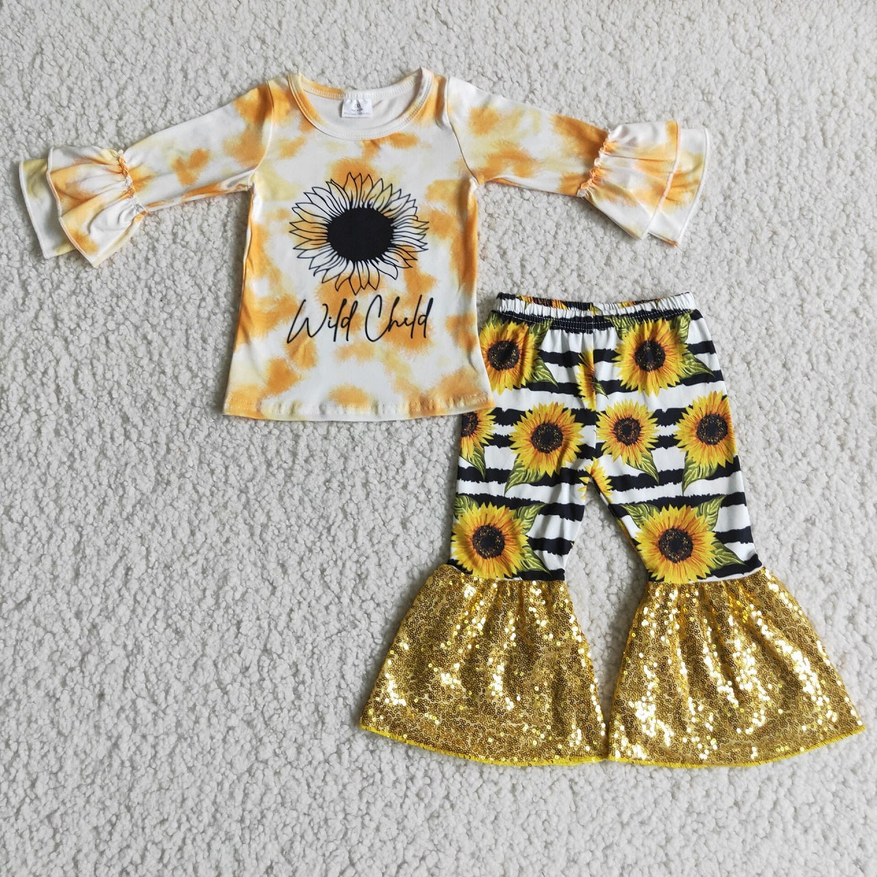 Promotion Baby Girl Long Sleeves Sunflower Bell Pants Outfit