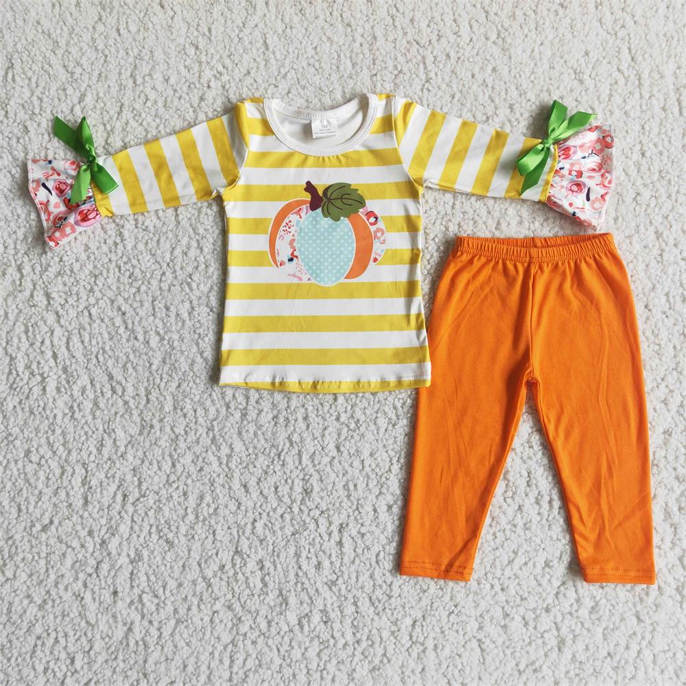 Promotion 6 A10-14 Baby Girl Stripes Long Sleeves Pumpkin Orange Pants Fall Outfit