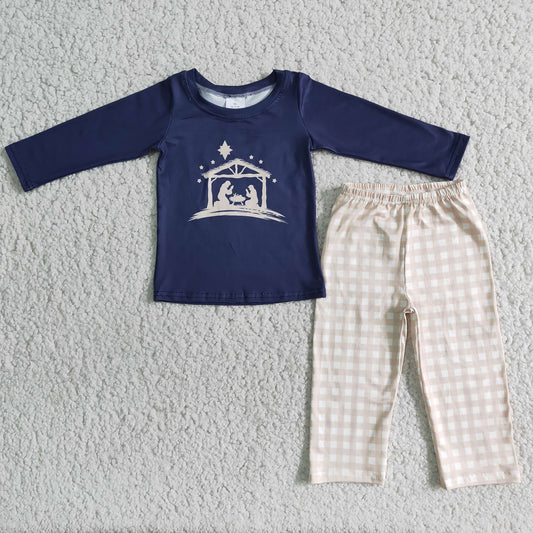 Promotion 6 A11-1 Baby Boy Long Sleeves Nativity Shirt Plaid Pants Christmas Outfit