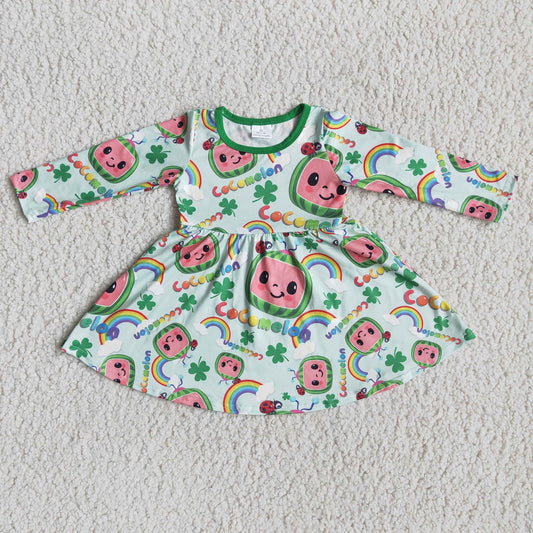 Promotion 6 A11-26 St. Patrick's Day Baby Girl Green Melon long Sleeve Twirl Dress