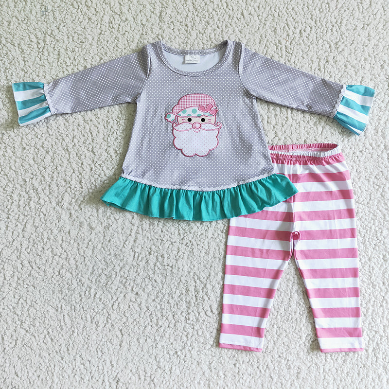 Promotion Baby Girl Long Sleeves Embroidery Christmas Baby Santa Tops Stripes Pants Pants Pajamas Set