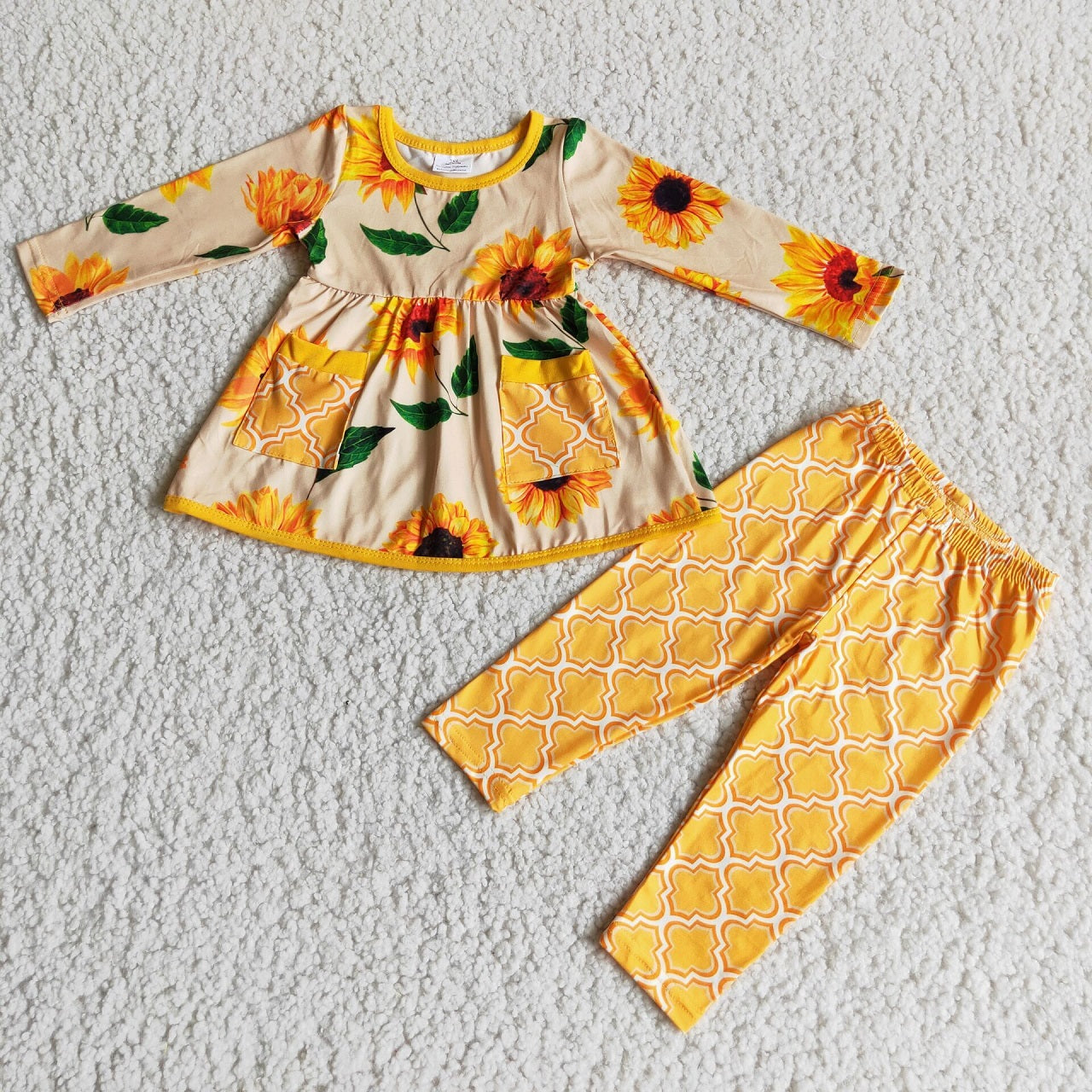 Promotion Baby Girl Long Sleeves Sunflower Pocket Pants Outfit