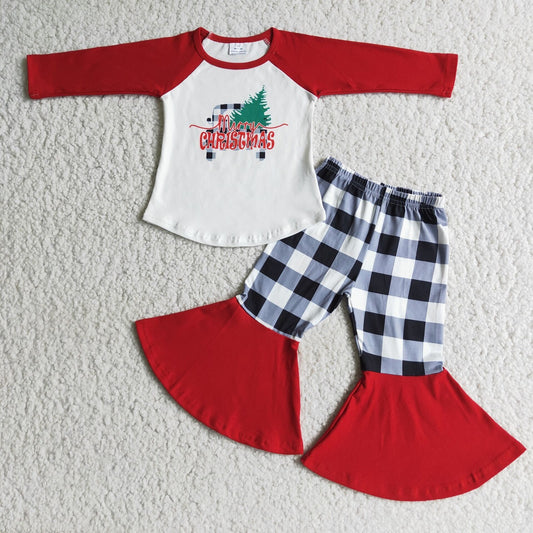 Promotion Baby Girl Christmas Long Sleeves Plaid Bell Pants Set