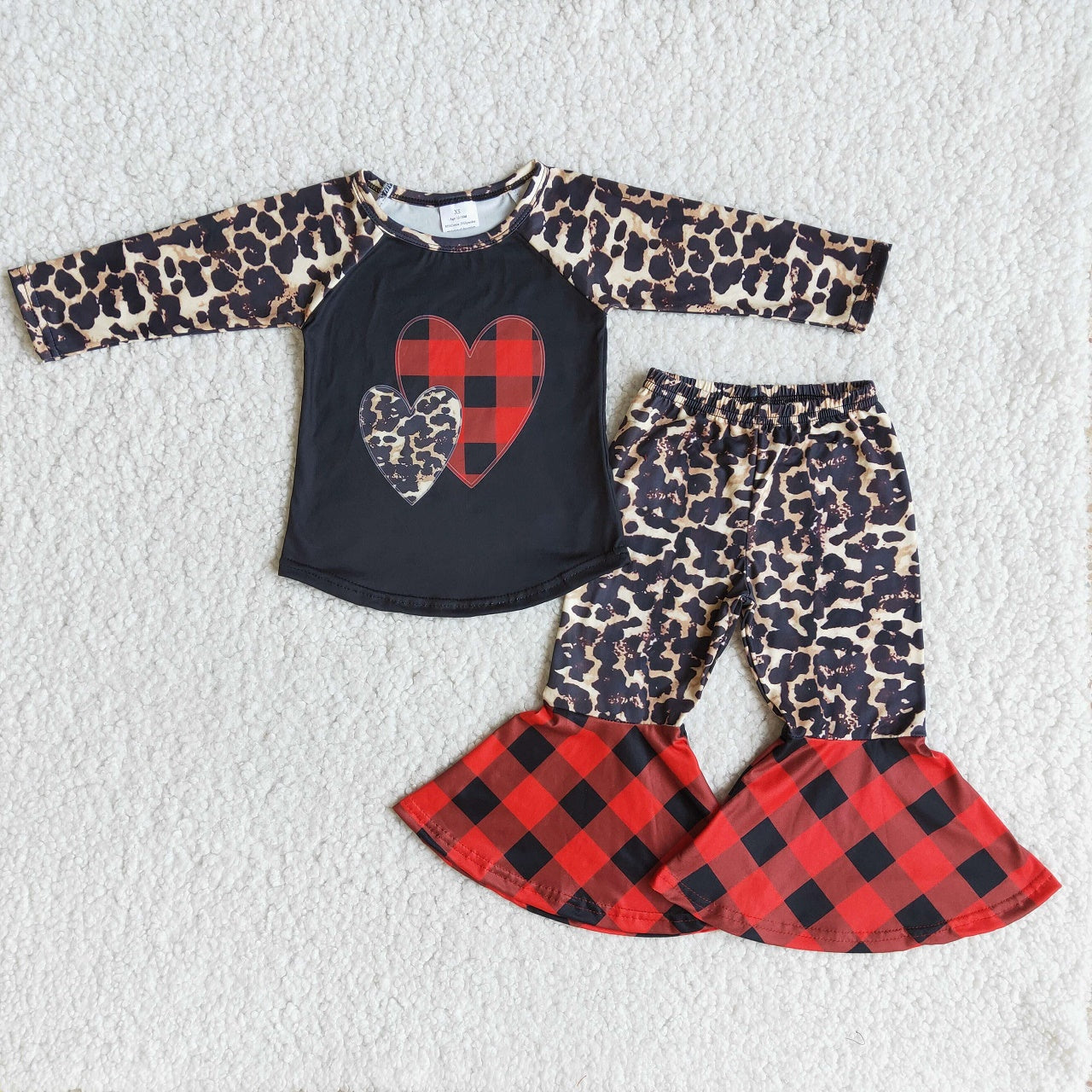 Promotion 6 A12-27 Baby Girl Valentine's Day Long Sleeves Hearts Shirt Leopard Bell Pants Set