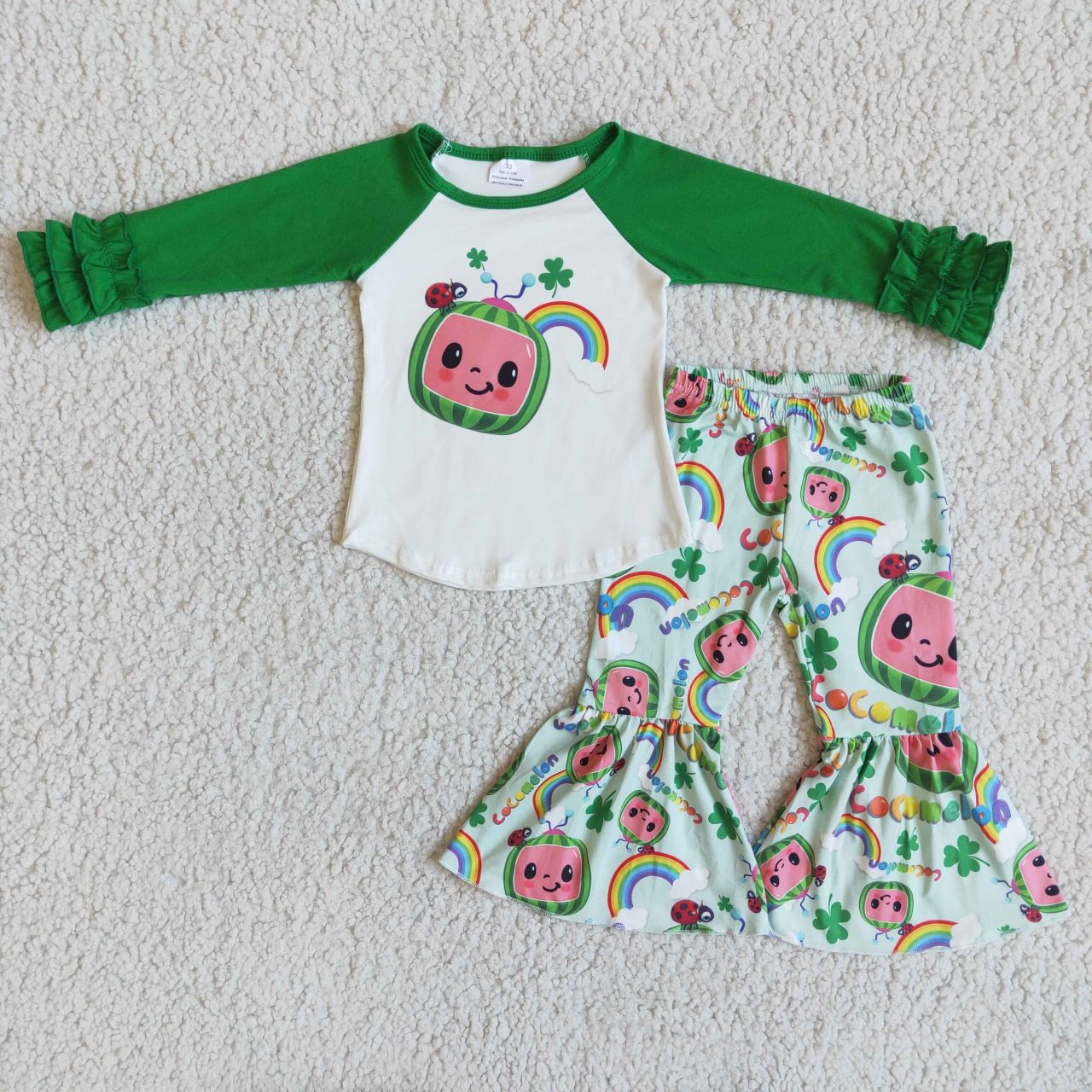 Promotion 6 A12-5 Baby Girl St. Patrick's Day Long Sleeves Bell Pants Melon Green Set