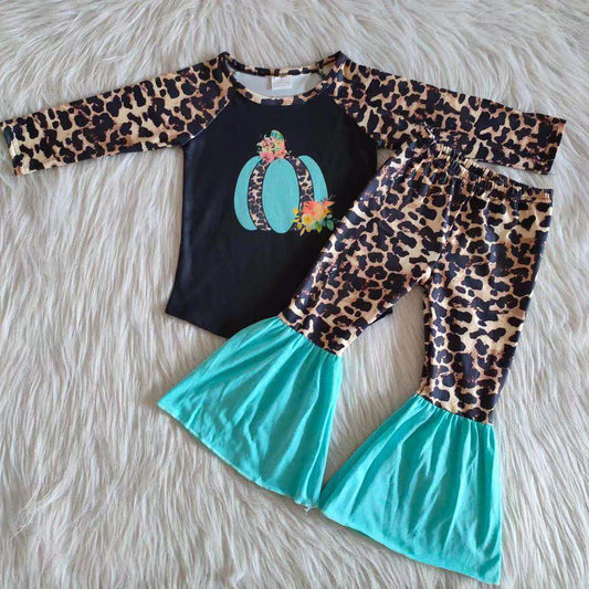 Promotion Baby Girl Long Sleeves Pumpkin Shirt Leopard Pants Fall Outfit RTS