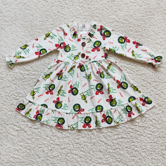 Promotion Baby Girl Green Face Christmas Nightgown Ruffle Dress Gown RTS