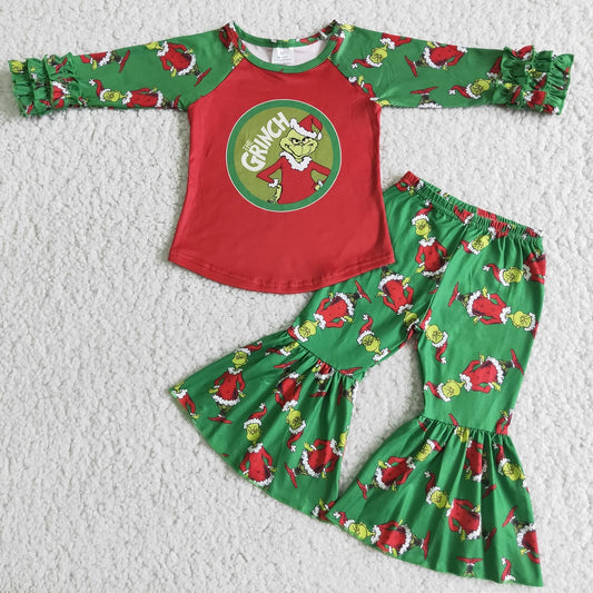 Promotion Baby Girl Ruffle Long Sleeves Christmas Green Face Shirt Pants Outfit