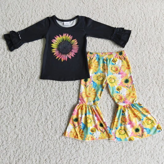 Promotion Baby Girl Long Sleeves Sunflower Bell Pants Outfit