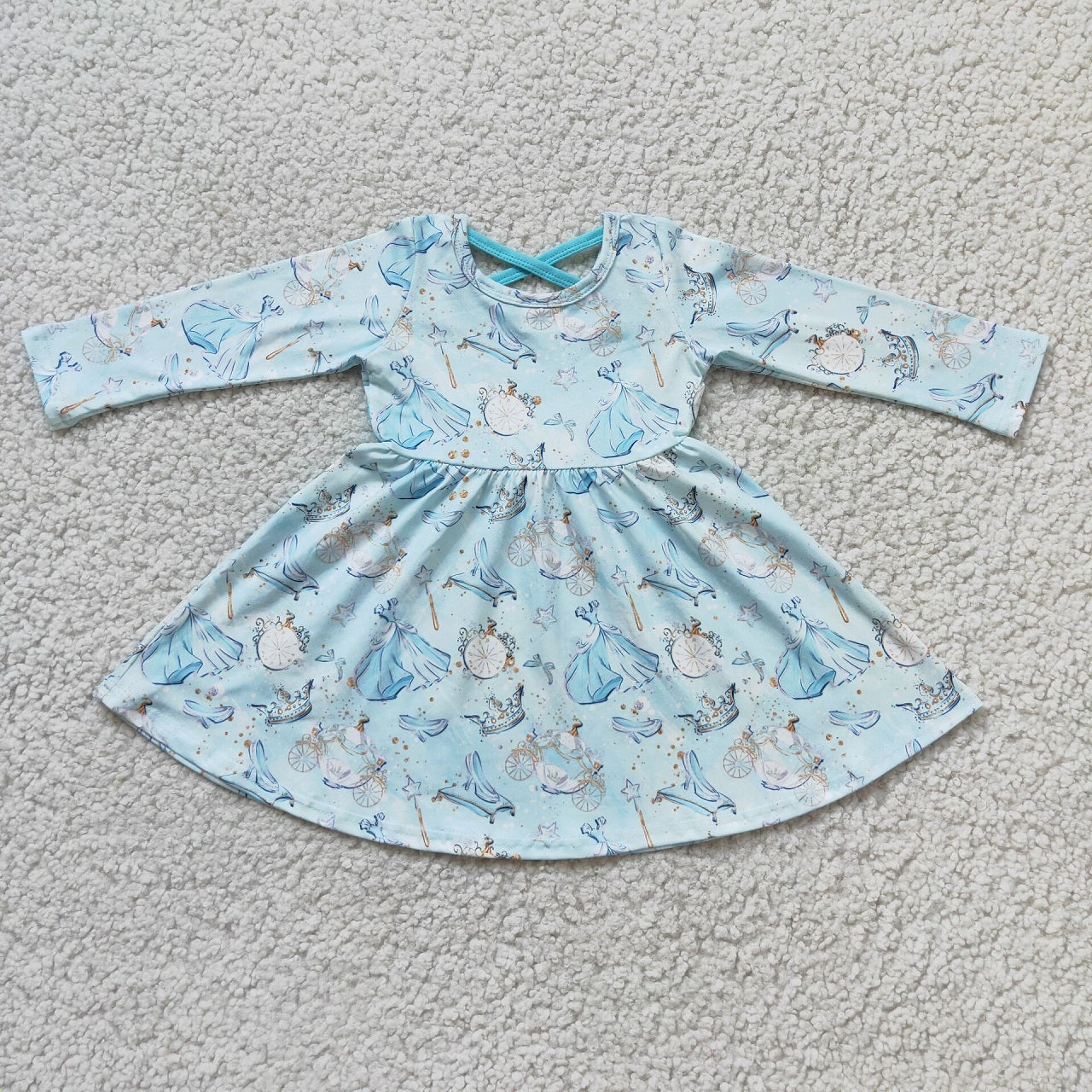 Promotion 6 A13-3 Baby Girl Blue Long Sleeves Cartoon Twirl Dress