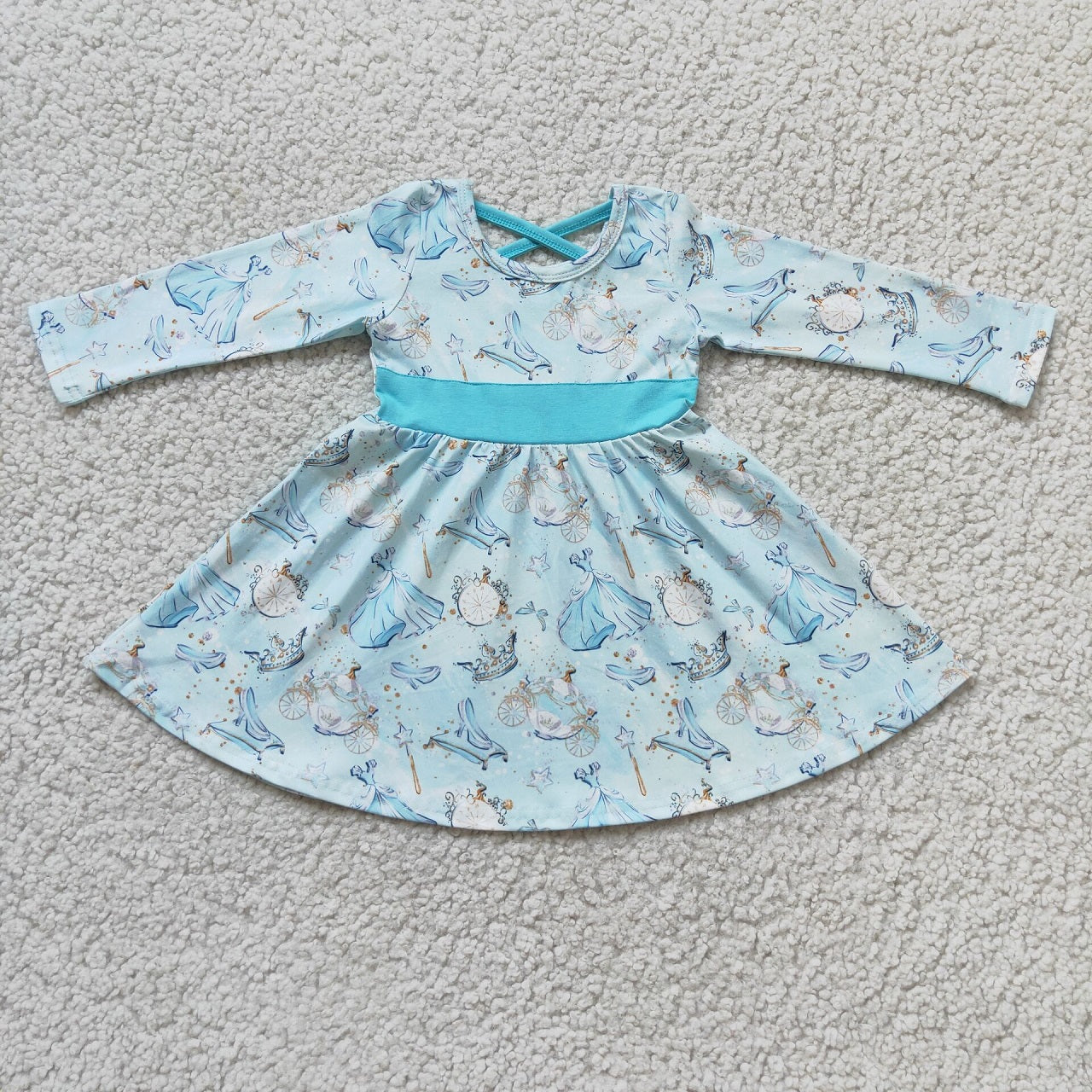 Promotion 6 A13-3 Baby Girl Blue Long Sleeves Cartoon Twirl Dress