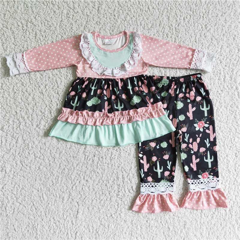 Promotion Baby Girl Long Sleeves Cactus Lace Ruffle Pants Western outfit