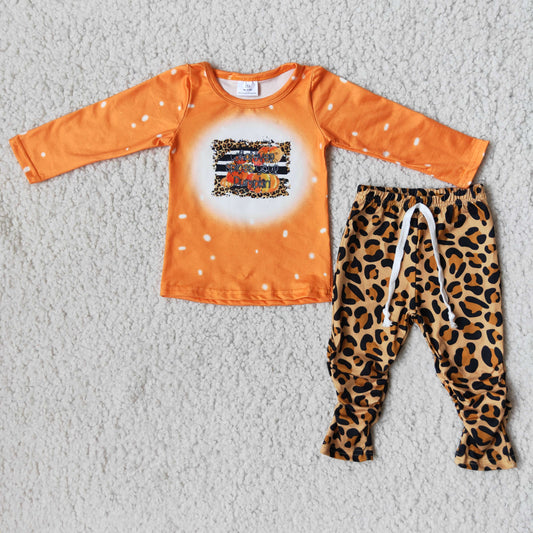 Promotion Baby Girl Long Sleeves Pumpkins Orange Shirt Leopard Pants Fall Outfit RTS