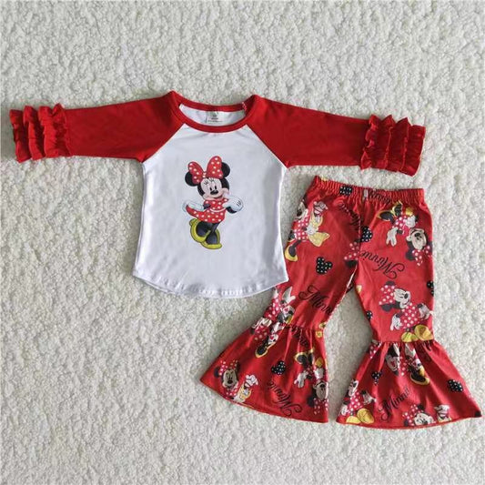 Promotion Baby Girl Red Long Sleeves Cartoon Shirt Bell Pants Outfit
