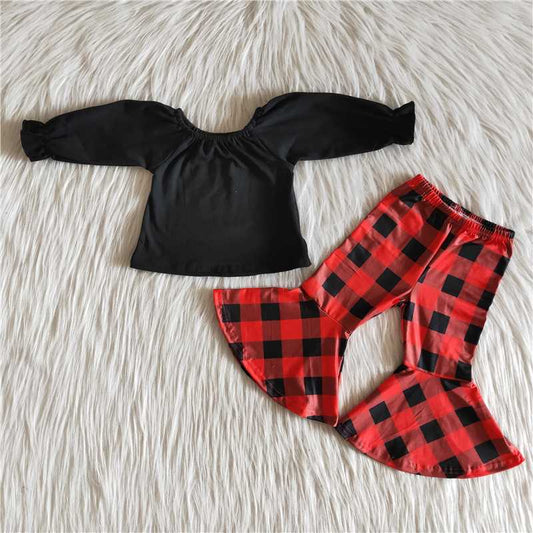 Promotion 6 A15-13 Baby Girl Black Long Sleeves Cotton Tops Plaid Pants Christmas Outfit